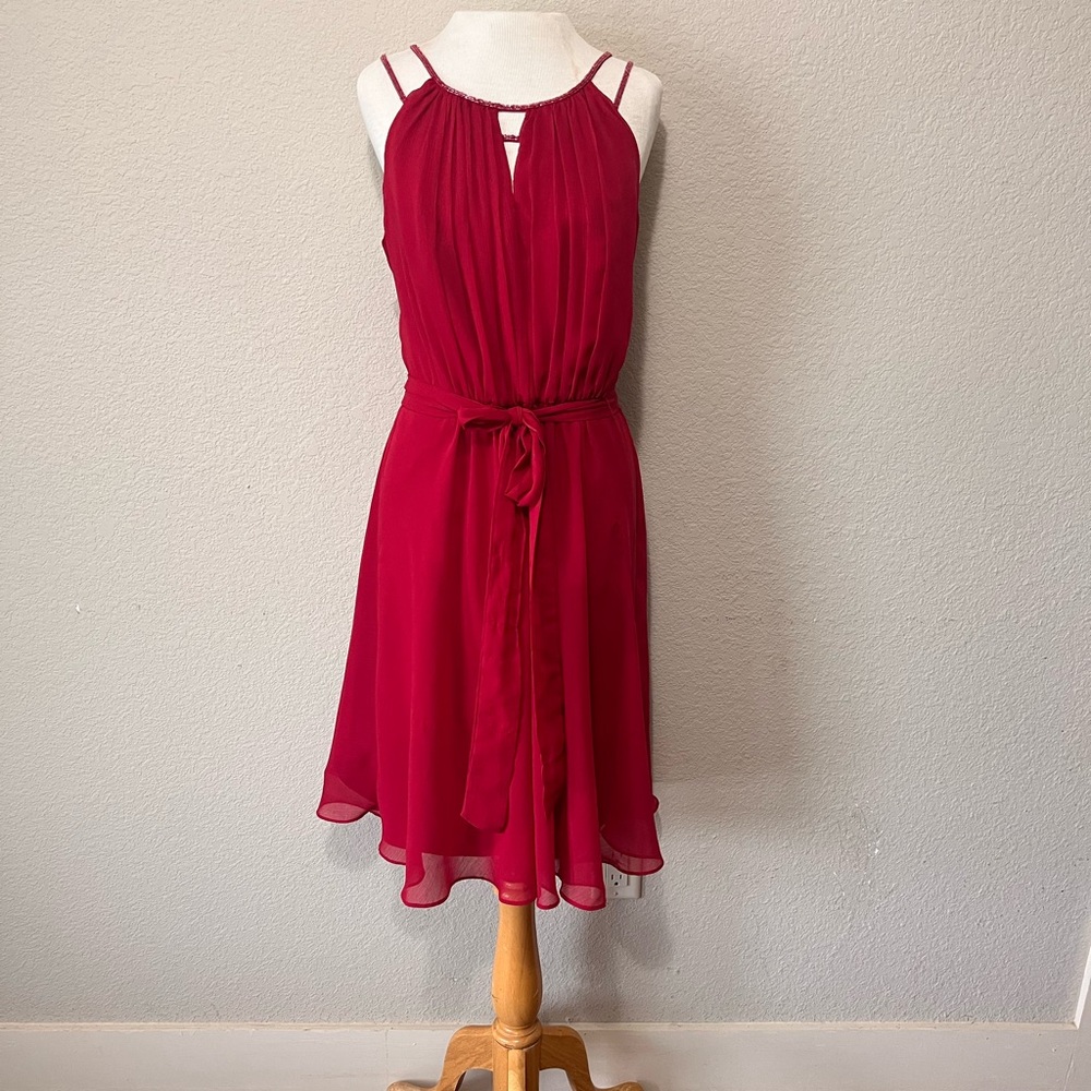 David’s Bridal Apple Red sleeveless chiffon halter dress